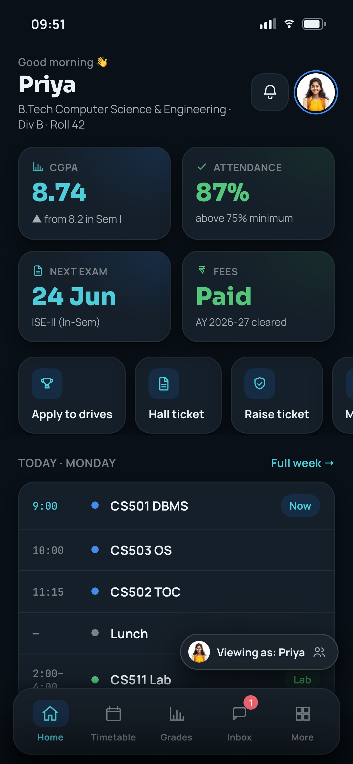 Astra campus app — student dashboard